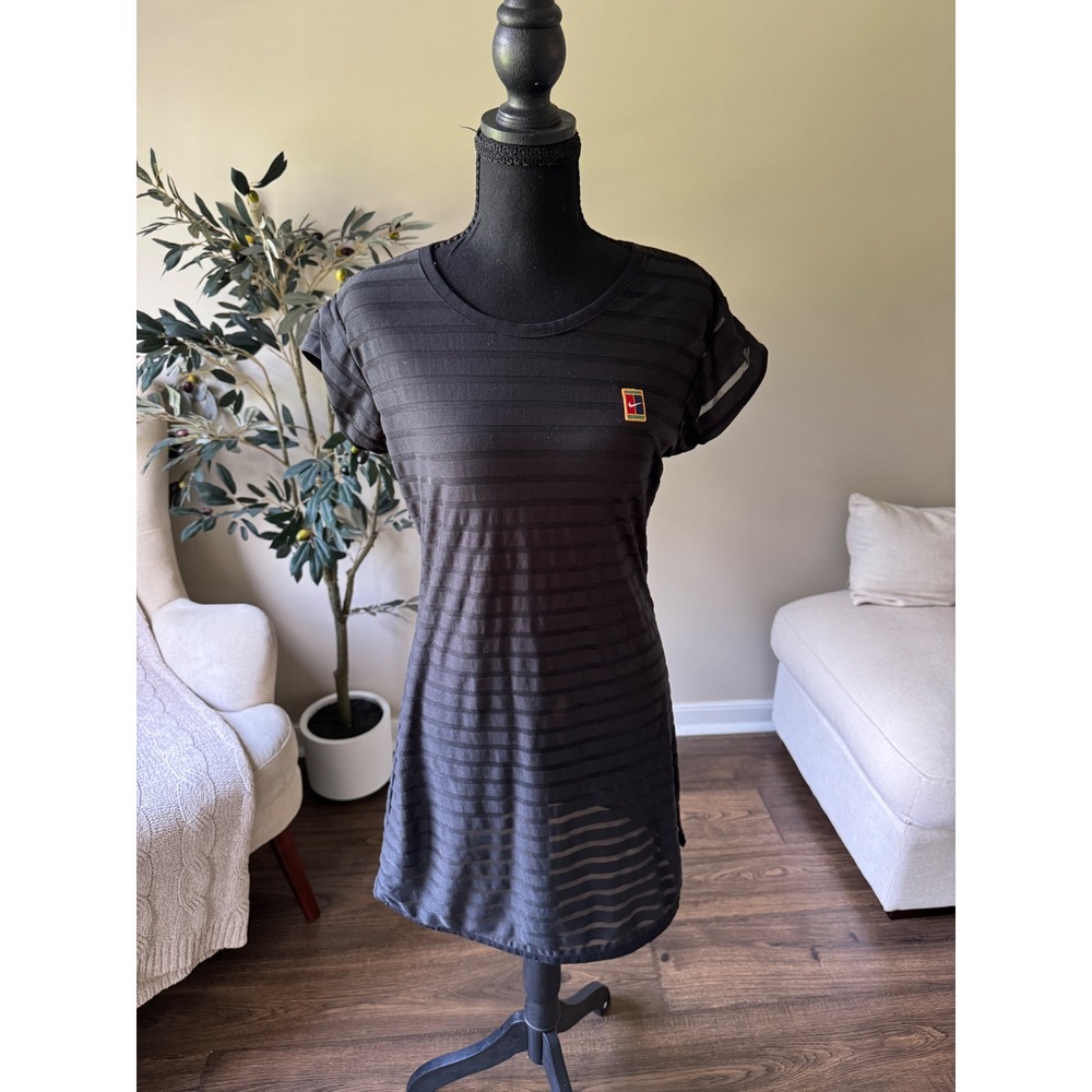 Nike Court Women Black Striped Semi Sheer Tennis Dress Short Sleeve Small